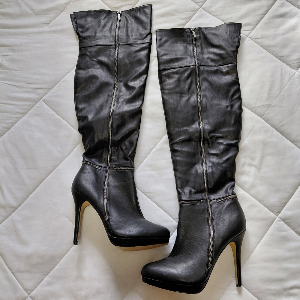 Black Over The Knee Faux Leather Stiletto Boots